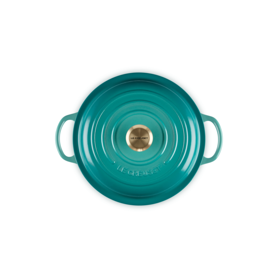 Panela Le Creuset Marmita Signature Bleu Riviera com Pegador Dourado 22cm