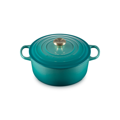 Panela Le Creuset Redonda Signature Bleu Riviera com Pegador Dourado 5,3L 26cm
