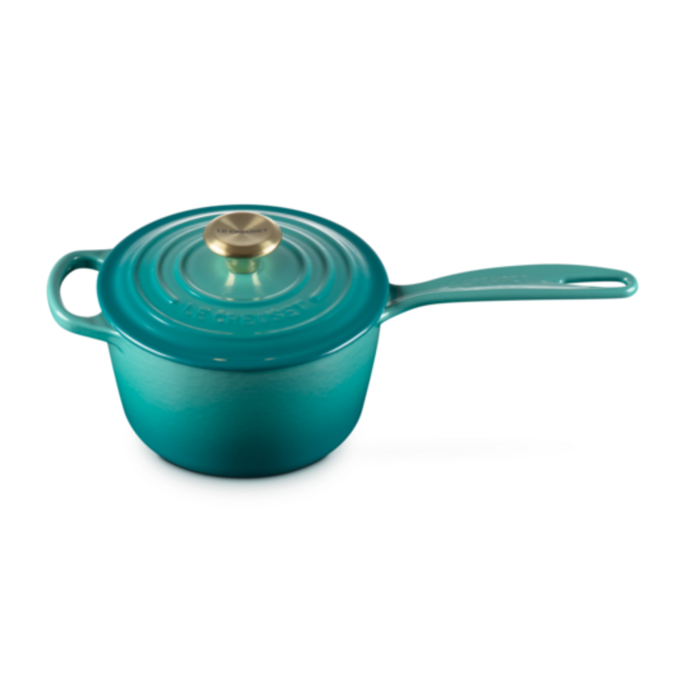 Panela Le Creuset Molheira Signature Bleu Riviera com Pegador Dourado 1,5L 16cm