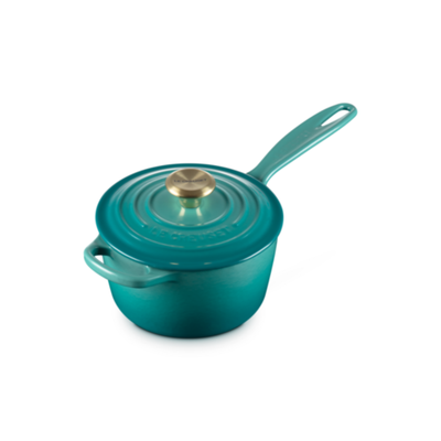 Panela Le Creuset Molheira Signature Bleu Riviera com Pegador Dourado 1,5L 16cm