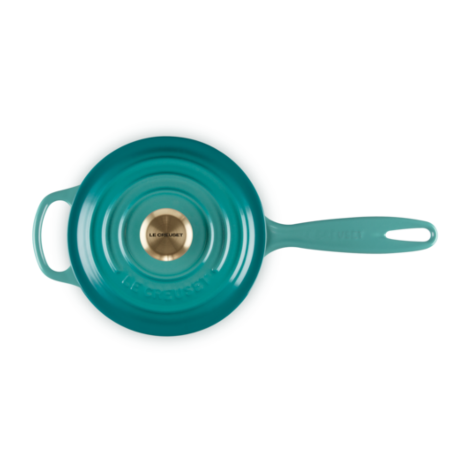 Panela Le Creuset Molheira Signature Bleu Riviera com Pegador Dourado 1,5L 16cm