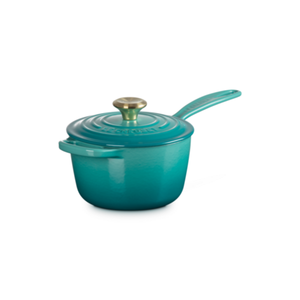 Panela Le Creuset Molheira Signature Bleu Riviera com Pegador Dourado 1,5L 16cm