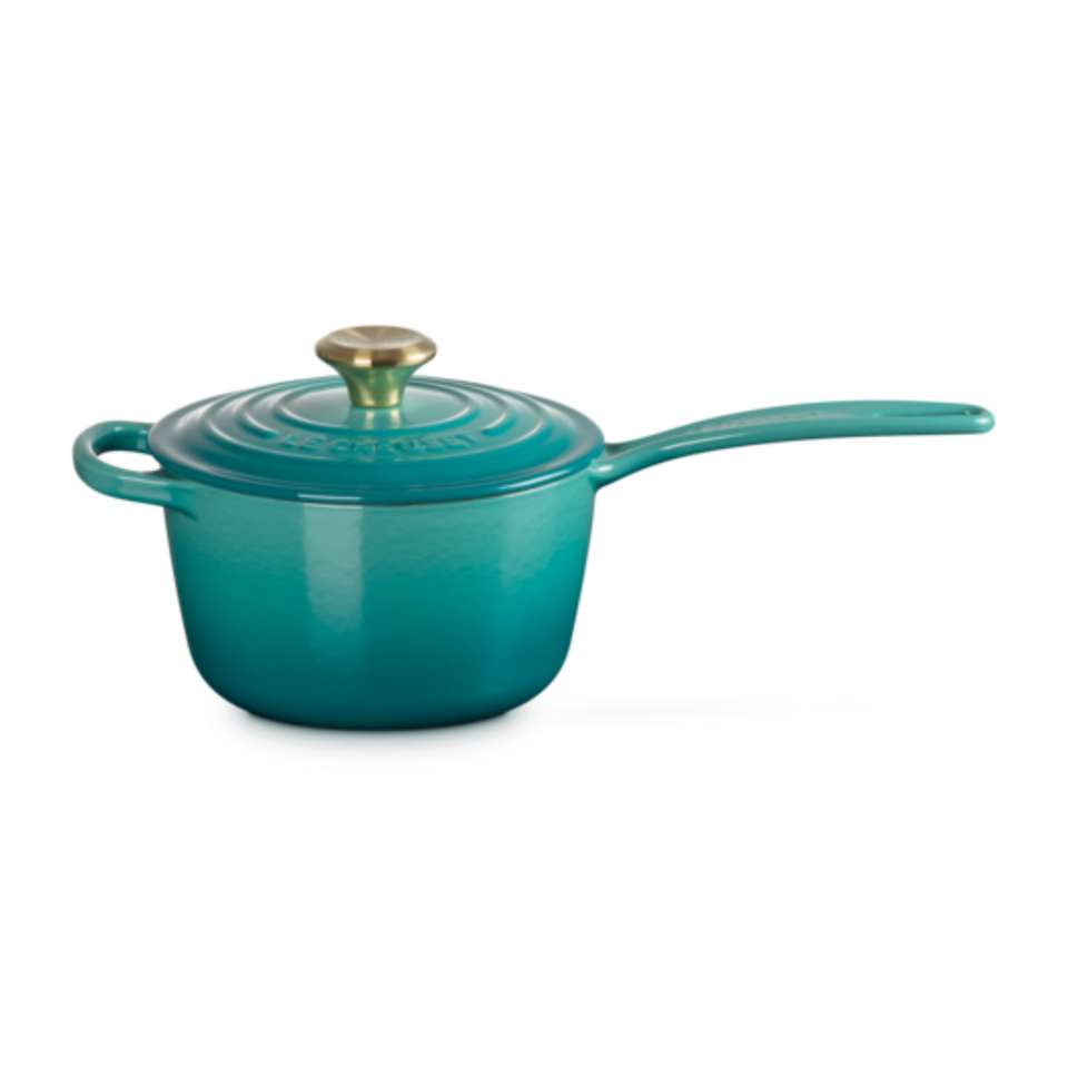 Panela Le Creuset Molheira Signature Bleu Riviera com Pegador Dourado 1,5L 16cm