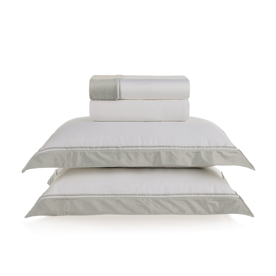 Jogo de Cama Queen Valestro 4 Pçs 300 Fios 100% Algodão Egípcio Branco / Platino Trussardi