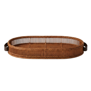 Bandeja Média Oval em Bambu Natural Alça em Couro Bahali