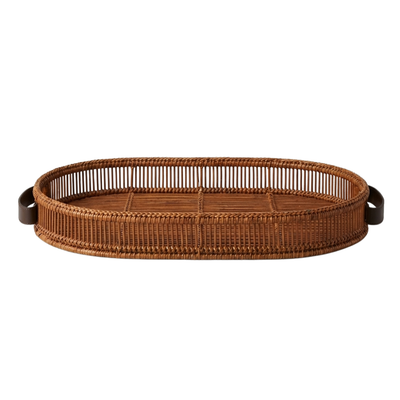 Bandeja Média Oval em Bambu Natural Alça em Couro Bahali