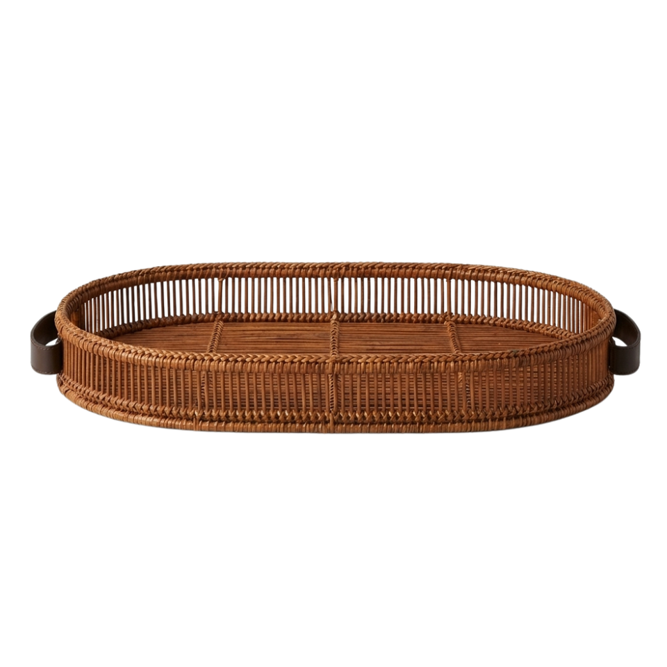 Bandeja Média Oval em Bambu Natural Alça em Couro Bahali