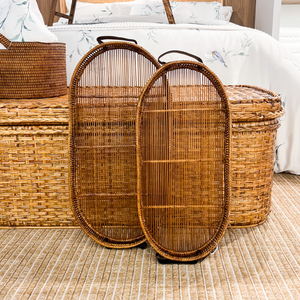 Bandeja Média Oval em Bambu Natural Alça em Couro Bahali