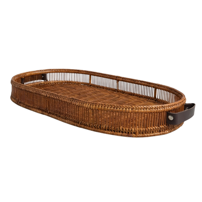 Bandeja Grande Oval em Bambu Natural Alça em Couro Bahali
