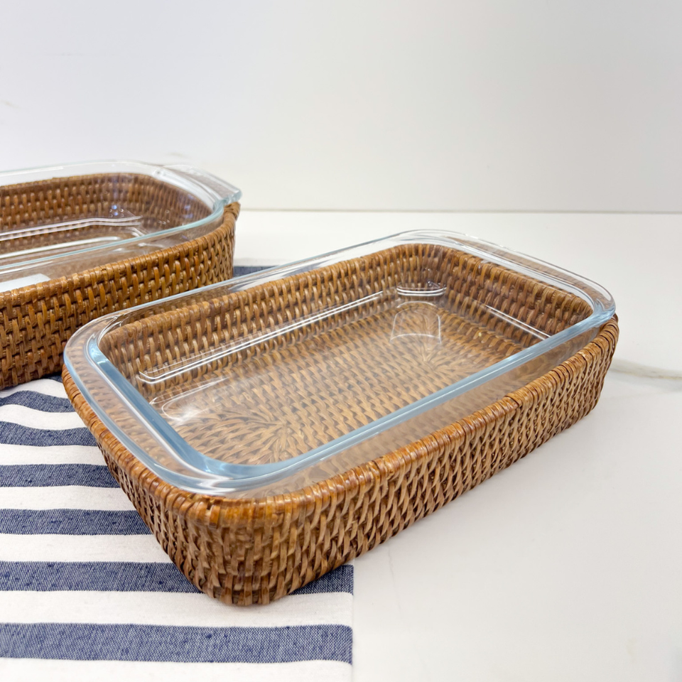Suporte Retangular Pequeno em Rattan e Pirex Vidro Bahali