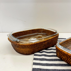 Suporte Retangular Grande em Rattan e Pirex Vidro Bahali