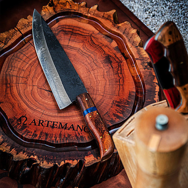 Faca do Chef Artesanal Artemano em Aço Carbono com Cabo Integral em Madeira Jacarandá