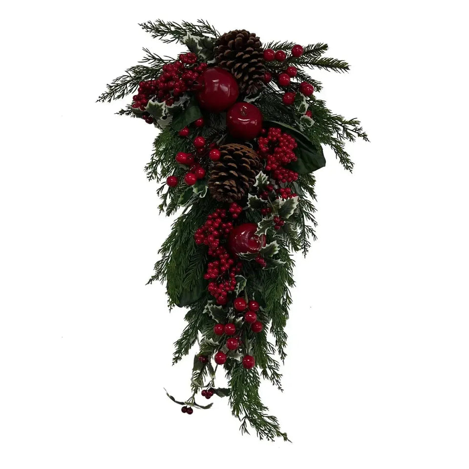 Festão Decorativa Natal Pinha Barries Folhagens Vermelha / Verde 71cm