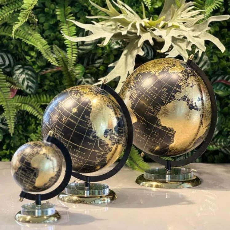 Globo Terrestre para Decoração Preto e Dourado Grande - Base em Metal e Acrílico