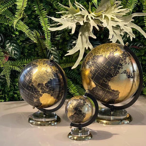 Globo Terrestre para Decoração Preto e Dourado Grande - Base em Metal e Acrílico