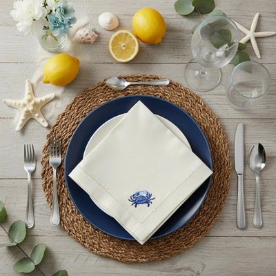 Guardanapo 100% Algodão Ponto Ajour Cru Caranguejo Azul