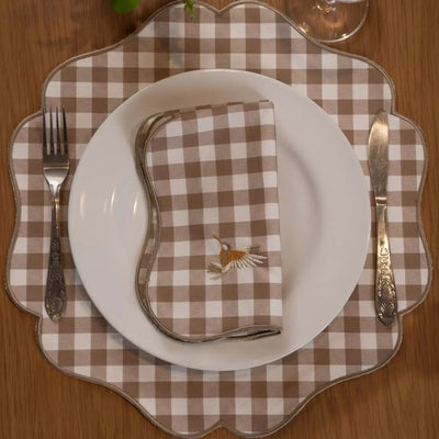 Guardanapo 100% Algodão Xadrez Bege Bordado Beija-Flor