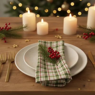 Guardanapo Xadrez Linho Off White / Vermelho / Verde Natal