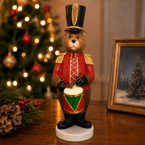 Adorno Urso Tambor Decorativo Natal Resina Vermelho / Marrom 31x10cm