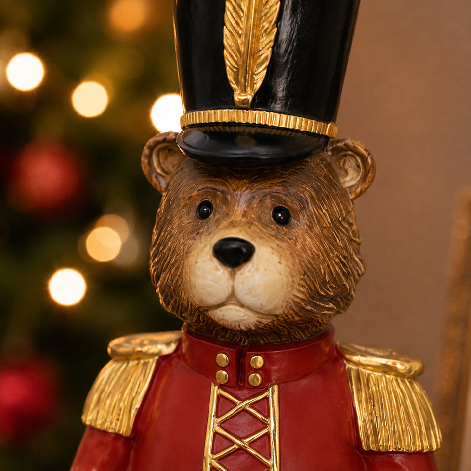 Adorno Urso Tambor Decorativo Natal Resina Vermelho / Marrom 31x10cm
