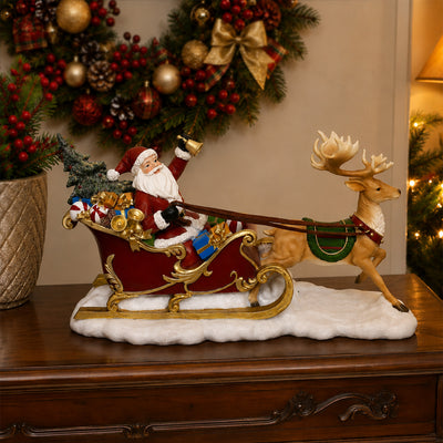 Treno Papai Noel e Rena Natal Dourada Resina Vermelho e Dourado
