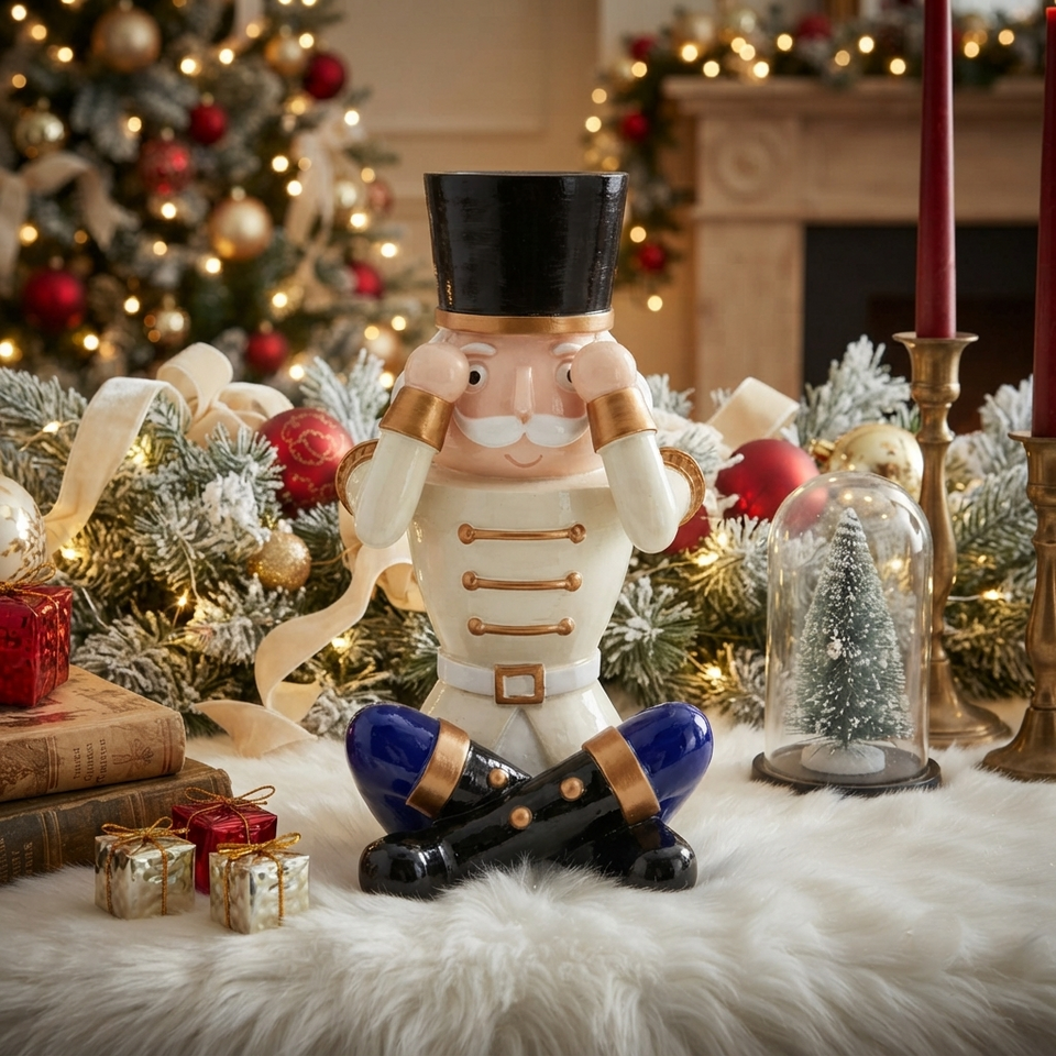 Soldado Quebra Nozes Sentado Natal Resina Branco