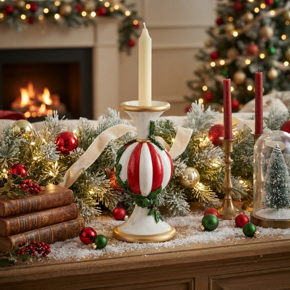 Castiçal Doce Natal Resina Branco e Vermelho