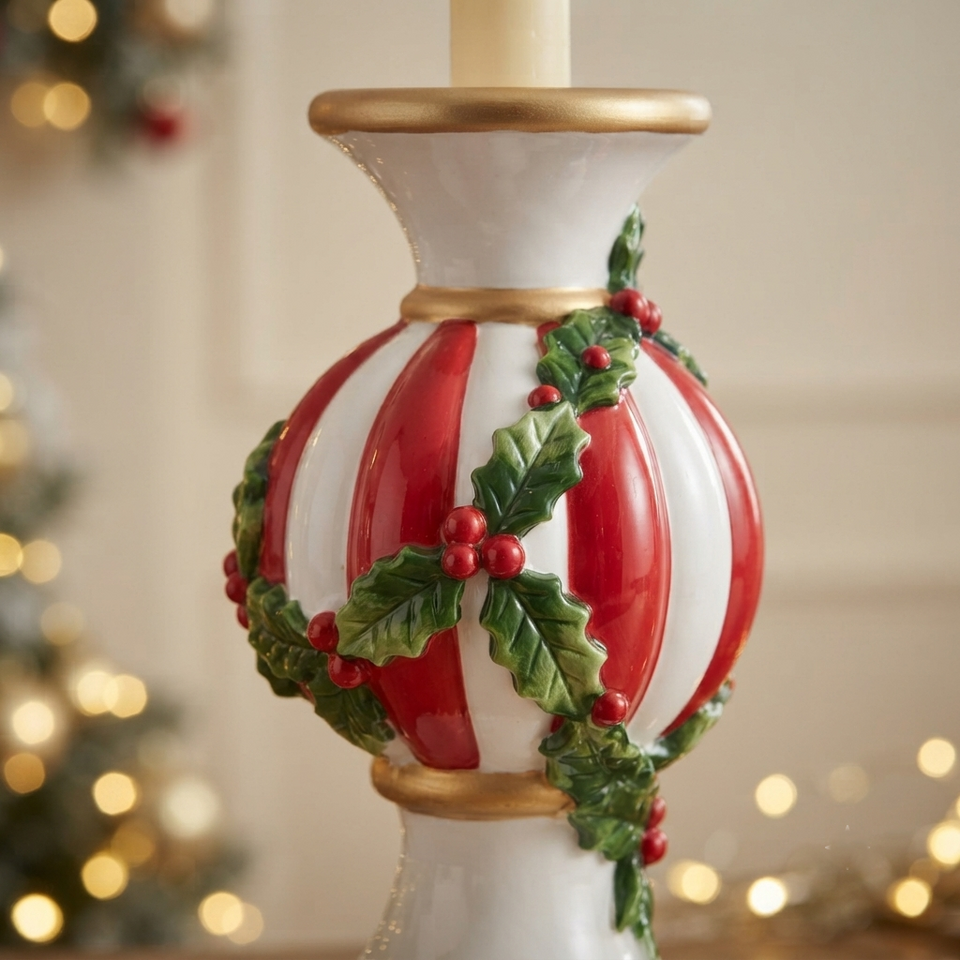 Castiçal Doce Natal Resina Branco e Vermelho