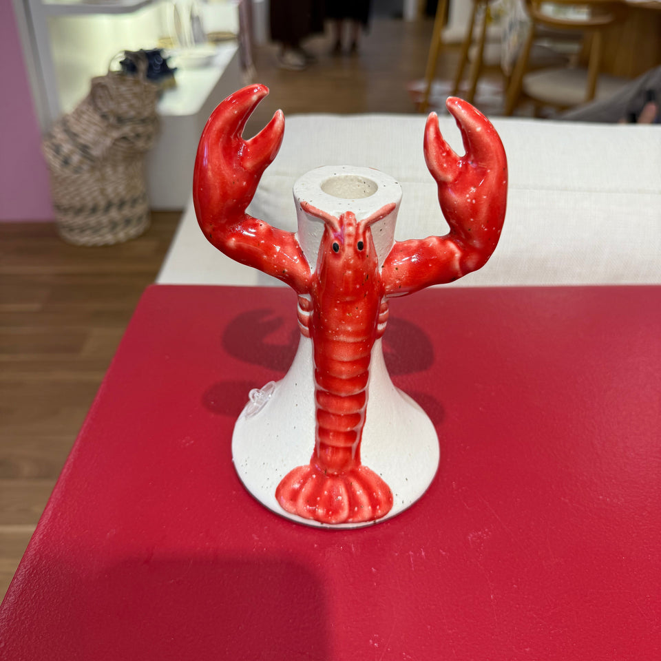 Castiçal Cerâmica Lagosta Vermelho e Branco 12x11x18cm Tuut
