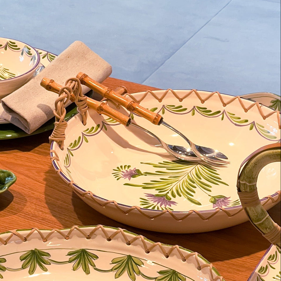 Travessa Redonda Funda Cerâmica com Alça em Junco Flor de Alcachofra