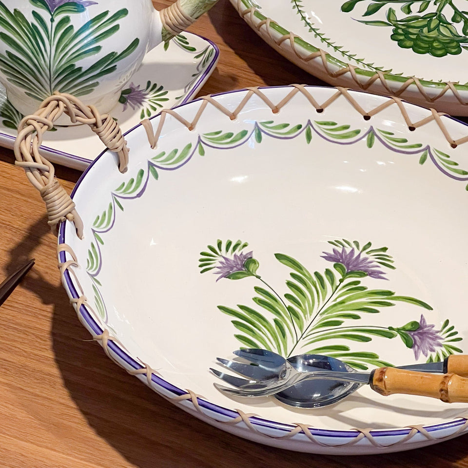 Travessa Redonda Funda Cerâmica com Alça em Junco Flor de Alcachofra