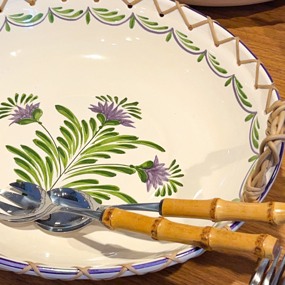 Travessa Redonda Funda Cerâmica com Alça em Junco Flor de Alcachofra