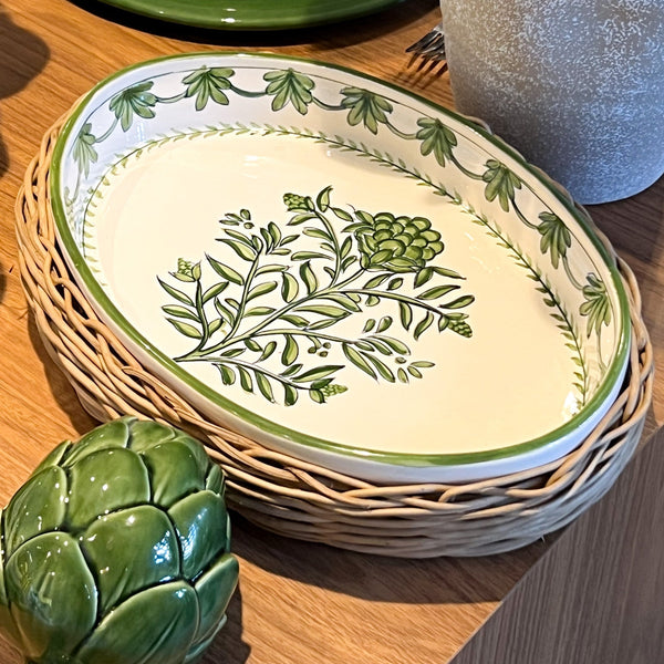 Tigela Feijoada S/ Alça Alcachofra Provençal e Suporte Oval Grande em Junco