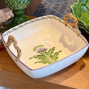 Travessa Moderna Quadrada Funda Cerâmica com Alça em Junco Flor de Alcachofra