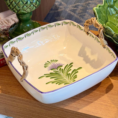 Travessa Moderna Quadrada Funda Cerâmica com Alça em Junco Flor de Alcachofra