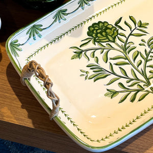 Travessa Moderna Retangular Cerâmica com Alça em Junco Alcachofra Provençal