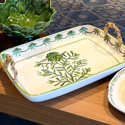 Travessa Moderna Retangular Cerâmica com Alça em Junco Alcachofra Provençal
