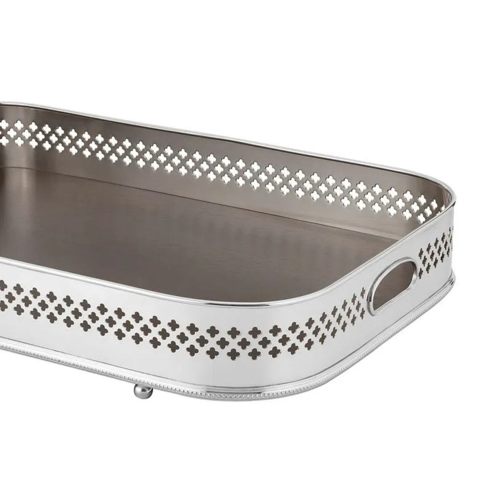 Bandeja Oblonga Prata com Fundo Madeira Madeleine Classique 60x40cm St. James