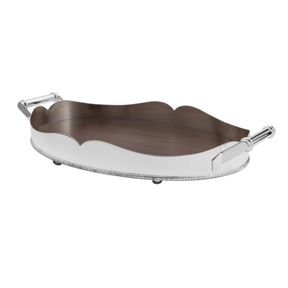 Bandeja Oval Prata com Fundo Madeira Coração 70x46cm St. James