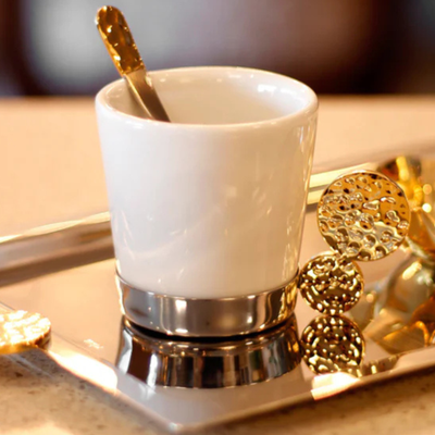 Jogo 6 Xícaras de Café 85ml com Suporte Riviera Nocc Inox com Detalhes em Ouro 24k com Colheres Riva