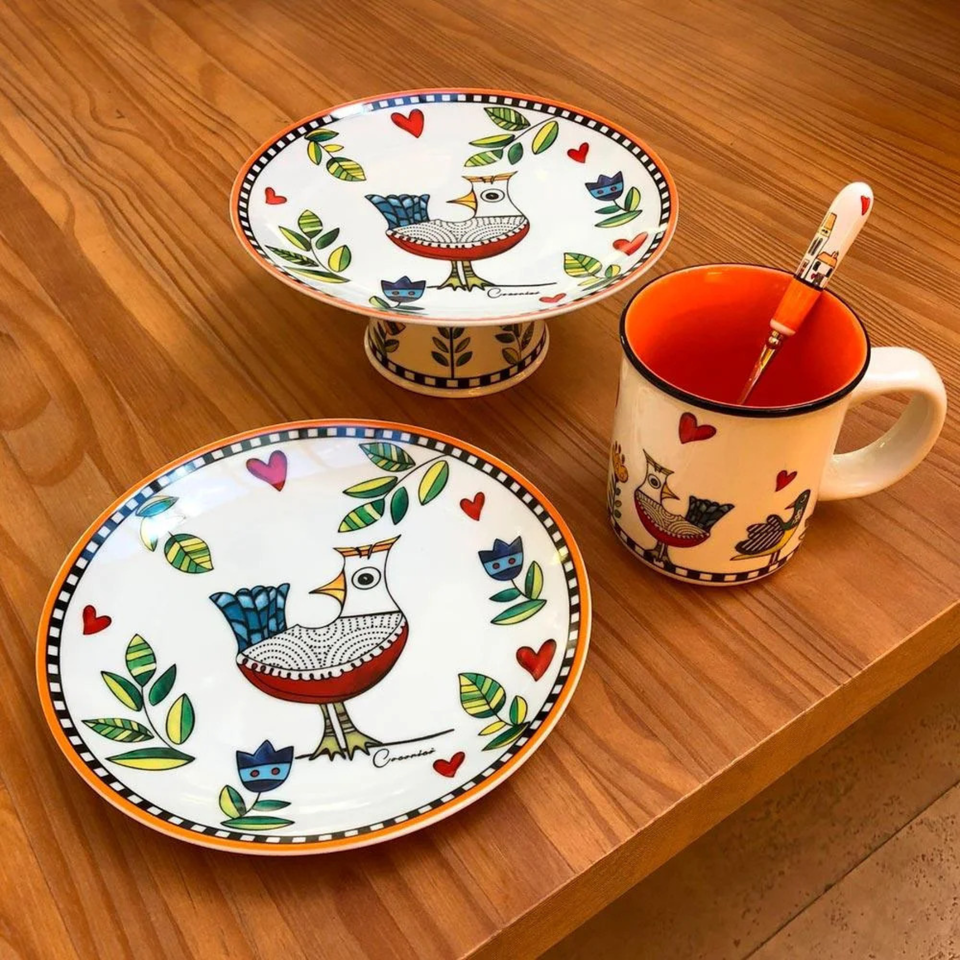 Prato para Bolo com Pé Porcelana Cocoricó Laranja 19x9cm Egan