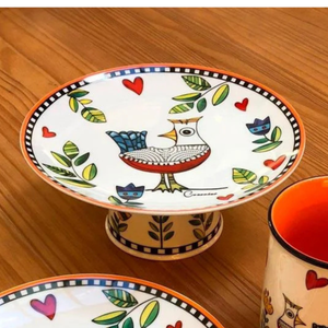 Prato para Bolo com Pé Porcelana Cocoricó Laranja 19x9cm Egan