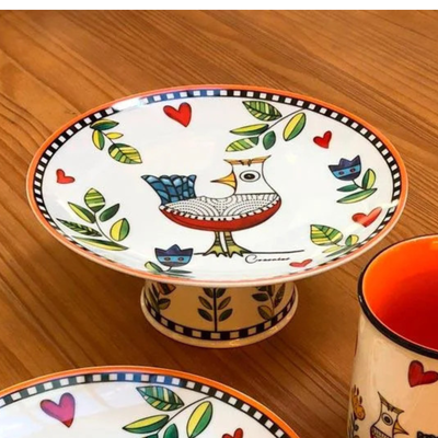 Prato para Bolo com Pé Porcelana Cocoricó Laranja 19x9cm Egan