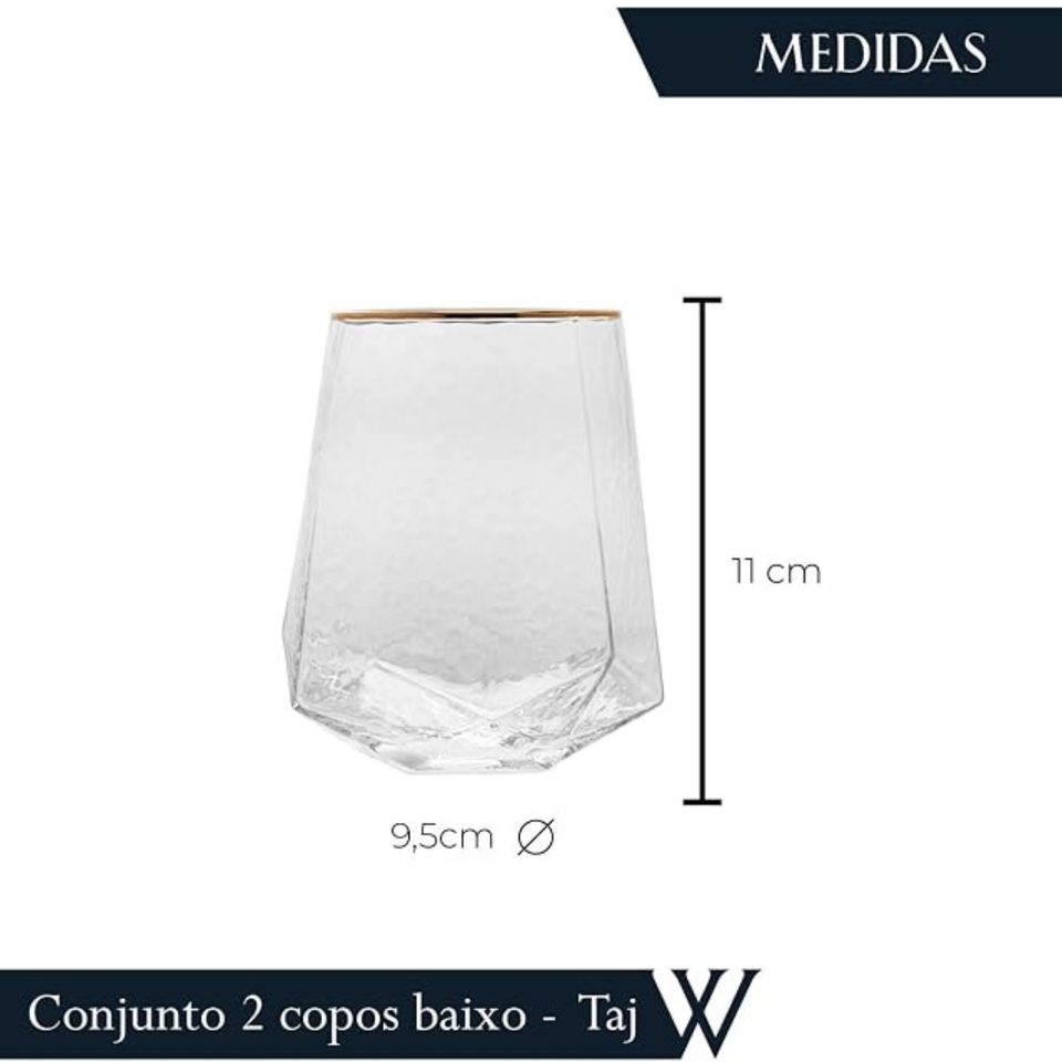 Jogo 2 Copos Baixos Vidro Cristalino Borda Dourada Taj 550ml