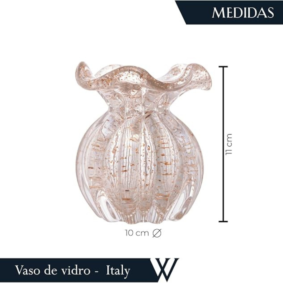 Vaso de Vidro Italy Murano Transparente e Dourado 10x10x11cm