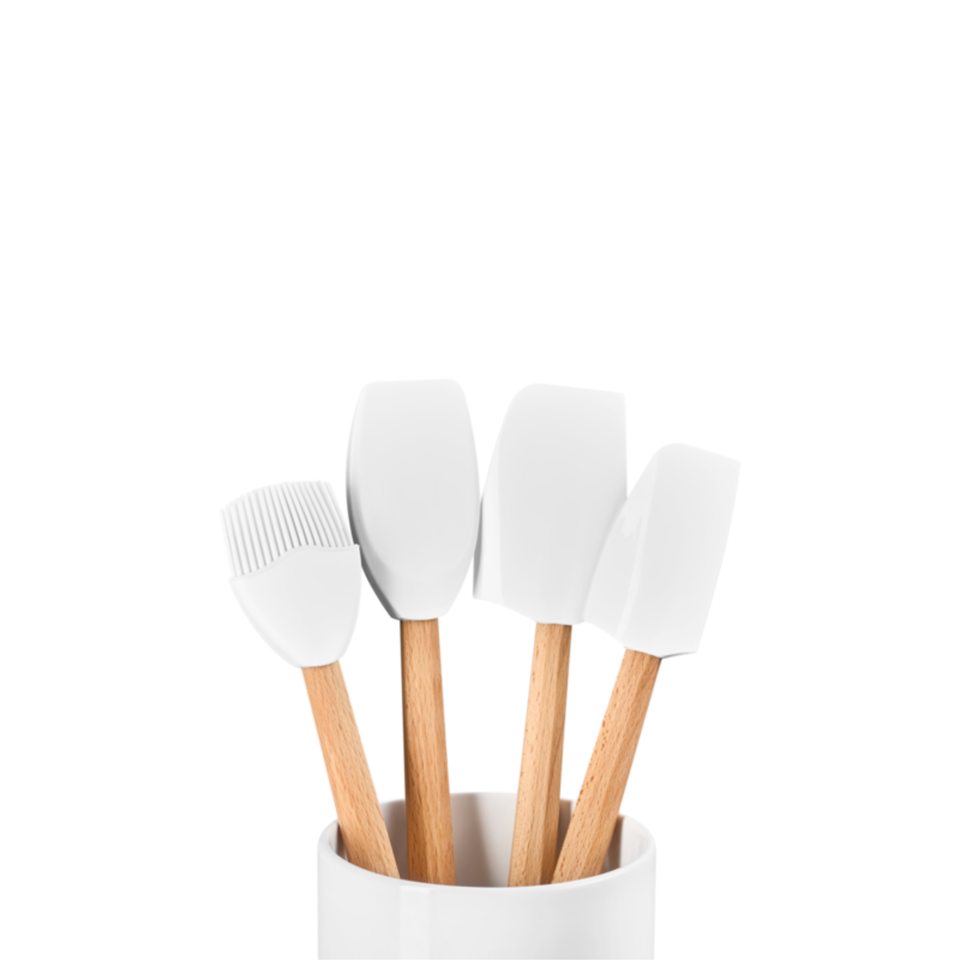 Kit 3 Espátulas e 1 Pincel de Silicone e Porta Utensílios Cerâmica Signature Branco 1,1L Le Creuset