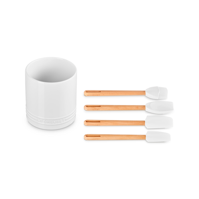 Kit 3 Espátulas e 1 Pincel de Silicone e Porta Utensílios Cerâmica Signature Branco 1,1L Le Creuset