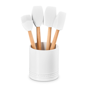 Kit 3 Espátulas e 1 Pincel de Silicone e Porta Utensílios Cerâmica Signature Branco 1,1L Le Creuset