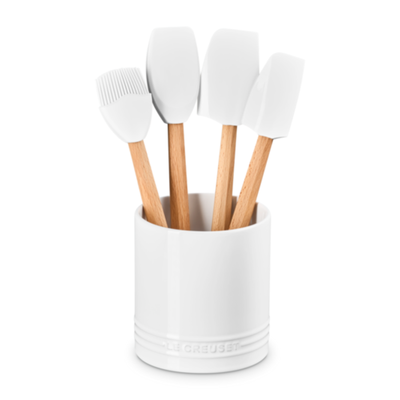 Kit 3 Espátulas e 1 Pincel de Silicone e Porta Utensílios Cerâmica Signature Branco 1,1L Le Creuset