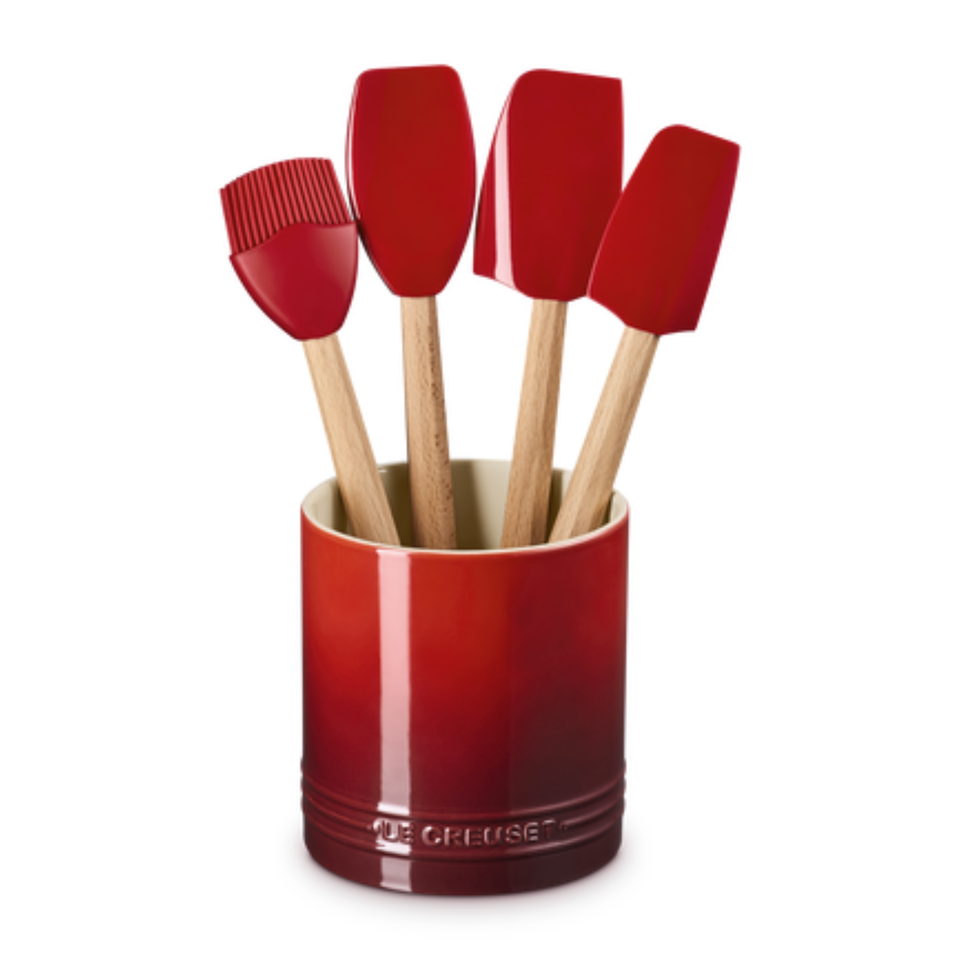Kit 3 Espátulas e 1 Pincel de Silicone e Porta Utensílios Cerâmica Signature Vermelho 1,1L Le Creuset